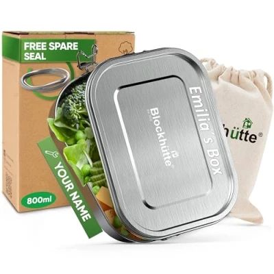 Image of Blockhütte Personalised Stainless Steel Lunch Box for Kids, Adults I 800ml Leakproof Metal Sandwich, Salad Container, Durable Boxes On the Go Meals, Bento Box, Gift