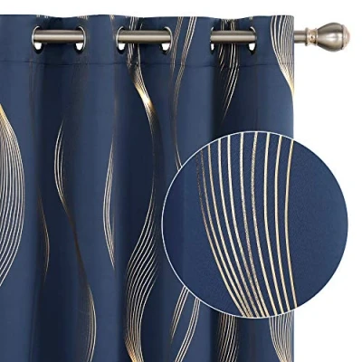 Image of Deconovo Blackout Eyelet Curtains Thermal Insulated Gold Wave Line Foil Printed for Bedroom 52x84 Inch Navy Blue 2 Panels