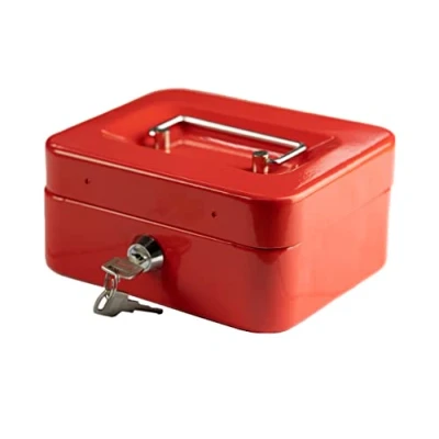 Image of Hyfive® Steel Security Petty Cash Box with Keys &amp; Tray in Red, 6&quot;