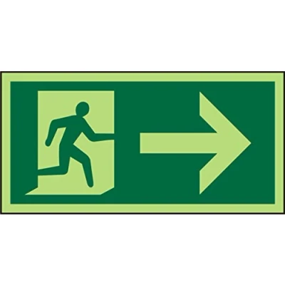 Image of Seco Fire Exit Man Running Right &amp; Arrow Pointing Pictogram Sign, 200mm x 100mm Photoluminescent Self Adhesive Vinyl