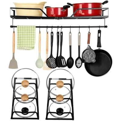 Image of BELLE VOUS 3 in 1 Pot and Pan Hanging Rack Iron Rack/Pan Hanger Wall Mounted Kitchen for Pots, Pans &amp; Utensils 10 Hooks, Shelf Detachable Rail