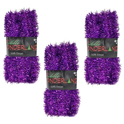 Image of Widdle Wonderland Christmas Tree Tinsel 3 packs of 50ft x 3cm GREAT VALUE Purple