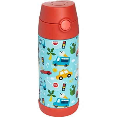 Image of Snug Kids Flask Stainless Steel Insulated Water Bottle with Straw for Children/Toddlers (Girls/Boys) Cars, 350ml