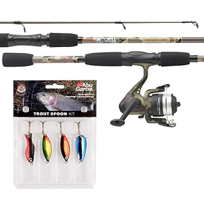 Image of Mitchell Tanager Camo, fishing Rod and Reel Combo, Spinning Combos, Allround Fishing, with line lures for trout perch, Unisex, Green camouflage, 1.82m