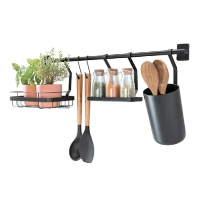 Image of iDesign Kitchen Wall Organiser, Metal Hanging Storage with 2 Hooks, Small Shelf, Utensil Holder and Spice Rack, Matte Black, 63.8 x 14.5 23.8 cm