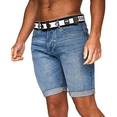 Image of Crosshatch Mens Stretch Denim Shorts Belted Knee Length Roll Up Faded Casual New, Light Wash, 30W