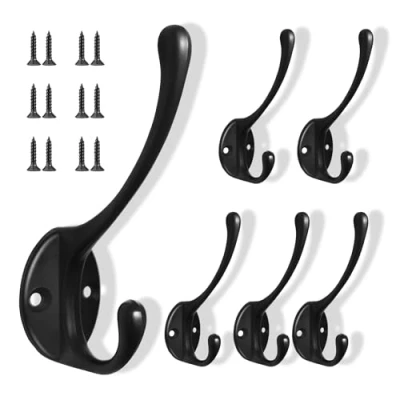 Image of SHFYFHS Coat Hook, 6Pcs Hook Black Vintage, Vintage Metal Hooks for Wall &amp; Door, Heavy Duty Double Hooks, Mounted with Screws,for Kitchen,Bathroom,Bedroom,living room(Black).