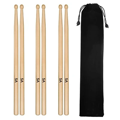 Image of 3 Pairs Drum Sticks Tuloka 5A Classic Maple Drumsticks Student Kids Wood Tip with Carry Bag