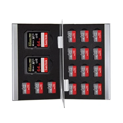 Image of King of Flash Memory Card Holder Case, Slim Silver Aluminium, Shockproof, Holds 2 SD/SDHC Cards and 15 Micro SDHC
