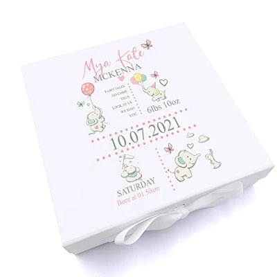 Image of ukgiftstoreonline Personalised Baby Girl Elephants Design Keepsake Memory Box (Medium)