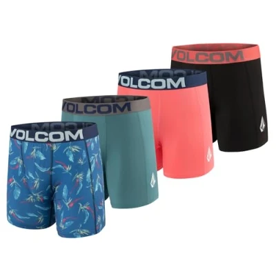 Image of Volcom Boxer Shorts, Pack of 4, Men&#039;s Size S, M, L, XL, Performance Stretch, Multicoloured Selection (DE/NL/SE/PL, Alphanumeric, Regular), Navy/Cyan/Coral/Black