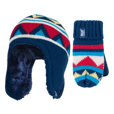 Image of HEAT HOLDERS Childrens Boys Winter Warm Fleece Lined Thermal Hat and Mittens Set with Ear Flaps (3 6 Years, NM1P4)