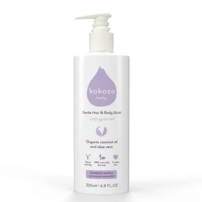Image of Kokoso Baby Hair &amp; Body Wash, Unfragranced Natural Coconut Oil Aloe Vera Suitable for Sensitive Eczema Prone Skin 98% Naturally Derived, Safe from Birth 200ml