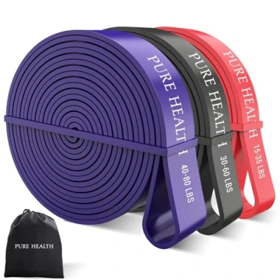 Image of Pull Up Bands Set 5 Different Levels Resistance for Calisthenics, Powerlifting, CrossFit, Muscle Toning, Yoga, Mobility Assisted Thick Stretch Exercise (Red Black Purple 15 80 LBS)