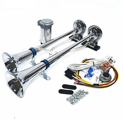 Image of YIYIDA Car Horn, 12V High Tone &amp; Low Double Tube, 165db, Silver, Chrome Zinc Trumpet, for Truck, Moto, Van, Boat, Train etc.