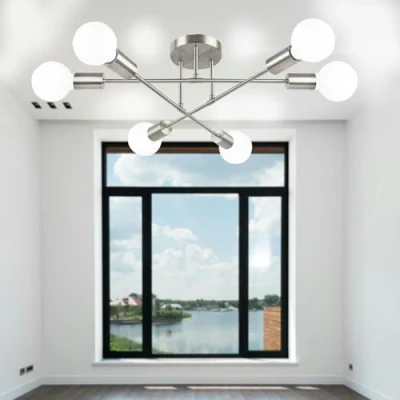 Image of Modern Ceiling Light Fixtures, Adjustable 6 Sputnik E27 Chandelier, Semi Flush Mount Pendant Lighting, Plated Finish for Bedroom, Dining Room, Kitchen, Office(Brushed Chrome Bulbs not included)