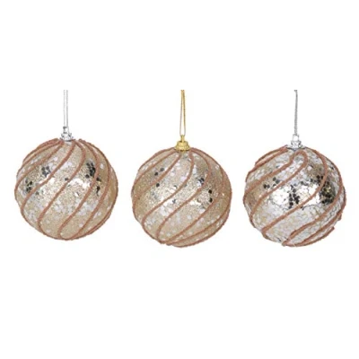 Image of Toyland® Pack of 3 Champagne Decorated Baubles with Glitter Swirl Design 8cm Christmas Tree Decorations