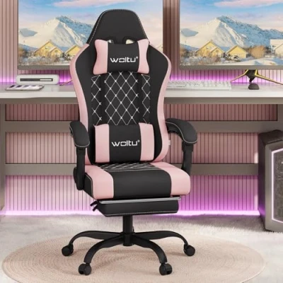 Image of WOLTU Gaming Chair with Pocket Spring Cushion, Massage Ergonomic Office Chair, Wide Padded Swivel Computer Lumbar Pillow Footrest, 150kg Load, Mesh Fabric, Black+ Pink, GS15swr