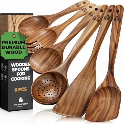 Image of Wooden Spoons for Cooking Teak Utensils Heat Resistant Spoon Sets Comfortable Grip Non Stick 6 Pcs Wood Utensil