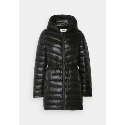 Image of DKNY Women&#039;s Button Down Long Quilted Coat, Black, L