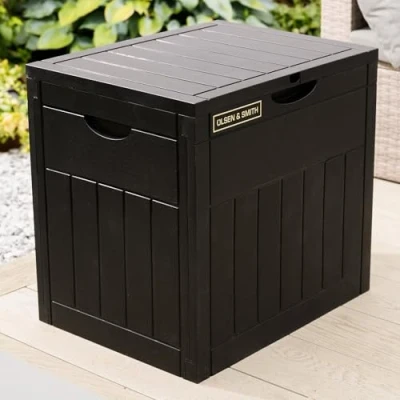 Image of Olsen &amp; Smith 126L Capacity Outdoor Garden Plastic Storage Box Small Balcony Furniture Lockable with Padlock Lock, Weather Resistant, Wood Panel Look Shed Chest