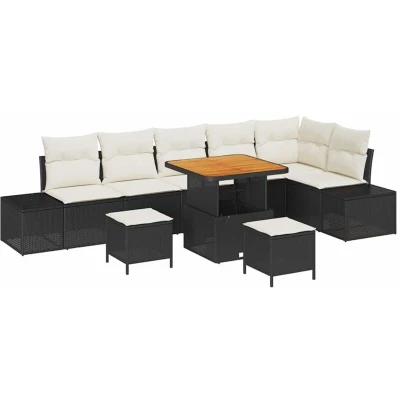 Image of vidaXL 9 Piece Garden Sofa Set with Cushions Black Poly Rattan Acacia