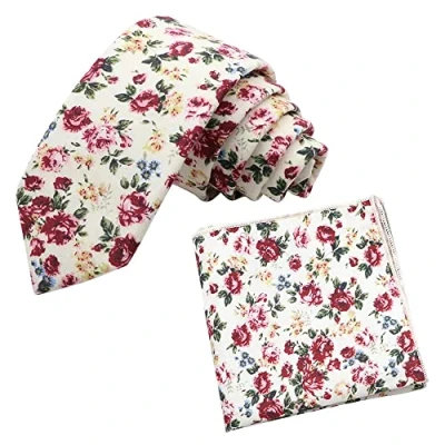 Image of DB Dickie Bow Men&#039;s Luxury Cotton Skinny Neck Tie &amp; Pocket Square Set (Cream Pink Floral) suitable for formalwear, office, weddings, parties, grooms groomsmen outfits
