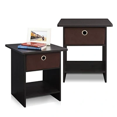 Image of Furinno Dario End Table/ Night Stand Storage Shelf with Bin Drawer, Espresso/Brown, Set of 2