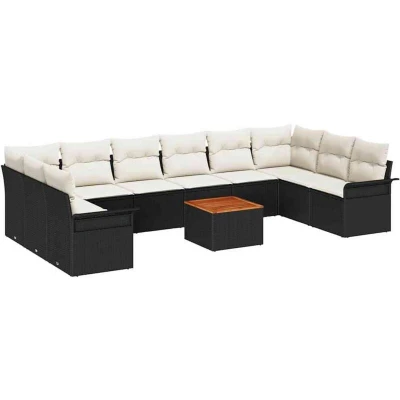 Image of vidaXL 11 Piece Garden Sofa Set with Cushions Black Poly Rattan Acacia