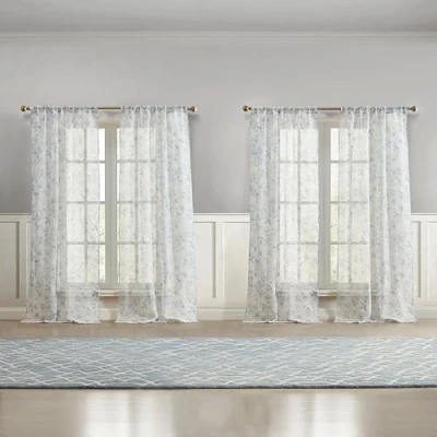 Image of Laura Ashley Barnette Window Curtains with Rod Pocket, 96 inch Length, 4 Panels Set, Semi Sheer Light Filtering, Blue