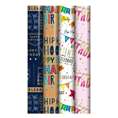 Image of Pack of 4 x 3M Happy Birthday Gift Wrapping Paper roll Perfect for Birthday, Festival, Party or Wedding and Festive Decoration