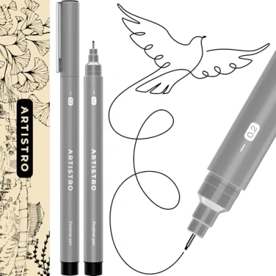 Image of ARTISTRO Set of 2 Fineliner Pens, Black Micro Pens for Drawing, Waterproof Archival Ink, Ultra Fine Tip Illustration, Technical Pen, Sketching, Writing, Journaling, Pair