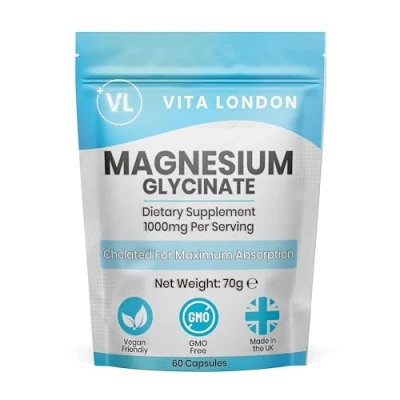 Image of Magnesium Glycinate 1000mg 60 Vegan Capsules (not Tablet, Gummies or Powder) High Strength 180mg Elemental Bisglycinate UK Made