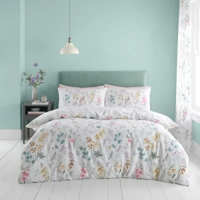 Image of Catherine Lansfield Emilia Floral Reversible King Duvet Cover Set with Pillowcases White Green