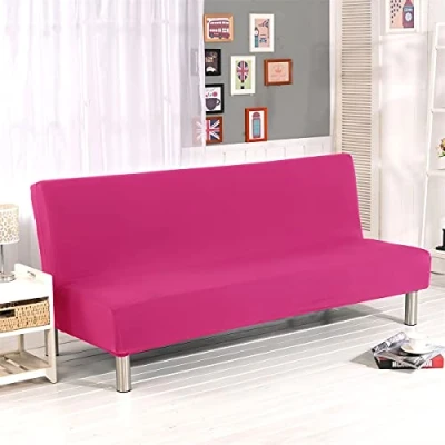 Image of Stretch Futon Cover Armless Sofa Slipcover Foldable Bed Covers with Elastic Band, Machine Washable (Rose Red)