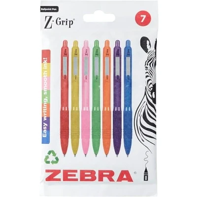 Image of Zebra Pen Z Grip Smooth Ballpoint Pens Black Ink 7pk Rainbow Barrel 1mm Medium Point Retractable with Clip Writing Low Viscosity Ink, Comfort 7 Multipack