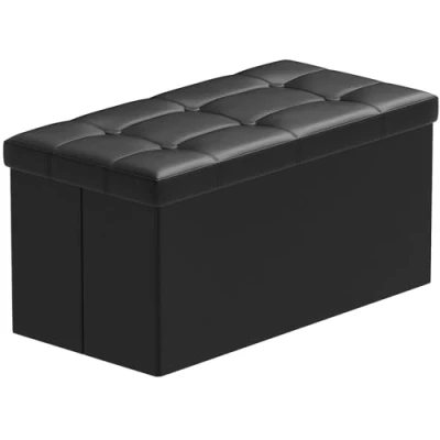 Image of BRIAN &amp; DANY Folding Ottoman Bench Storage Box with Lid, Large Seat Faux Leather Footstool Toy Box, Black, 76 x 38 cm