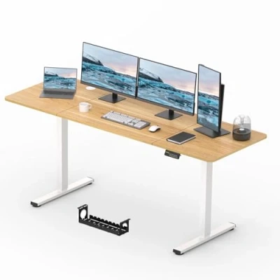 Image of FitStand Electric Standing Desk 200x80cm, Height Adjustable with Headphone Hooks, Stand Up Home Office Memory Function and Child Lock (White Frame+ Maple Desktop)