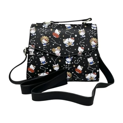 Image of Loungefly Sanrio Hello Kitty Zodiac Allover Print Crossbody Satchel Handbag Purse, Black, M