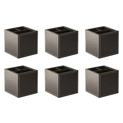 Image of OSCO Brown Faux Leather Pen Pot 6 Pack 3 Sections Pencil Holder Desk Tidy Office Organiser Makeup Storage Cosmetics Display H10.0 x W10.0 D10.0 cm