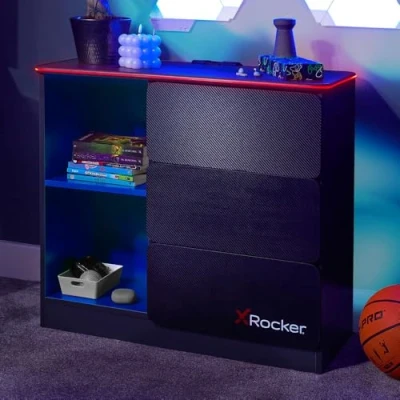 Image of X Rocker Black Chest of Drawers, 3 Drawer with Integrated Handles and Metal Runners, Customisable RGB LED Lighting Strip for Ambient Lighting, Kids Bedroom Furniture Gaming GREY/BLUE