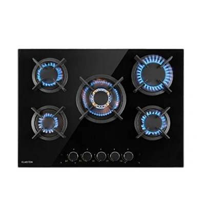 Image of Klarstein Gas Cooker, 5 Burners Hob, 10400W Built In Five Ring Electric Campervan Cooktops Cookers, Stainless Steel Glass Top Wok Burner, Kitchen Stoves LPG Cooker