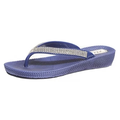 Image of Ladies Womens Diamante Flat Low Wedge Summer Beach Evening Toe Post Flip Flops Shoes Sandals (7, Navy)