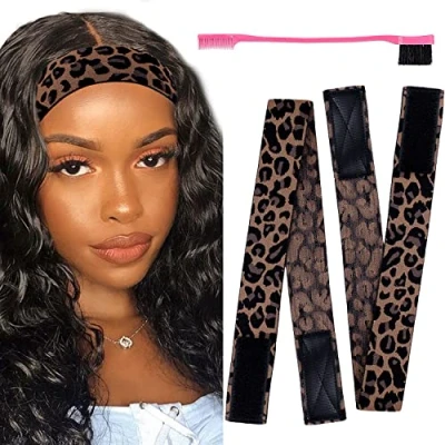 Image of 2pcs Elastic Melt Band for Wig with Velcro, 3.5cm Width Edges, Edge Laying Down Wigs, (#Leopard, Band+1Pcs Hair Edges Brushes)