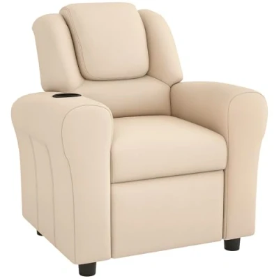 Image of HOMCOM Kids Recliner, Armchair, PU Leather Chair, Toddler Armchair with Adjustable Backrest, Footrest, Padded Headrest, Cup Holder, Beige