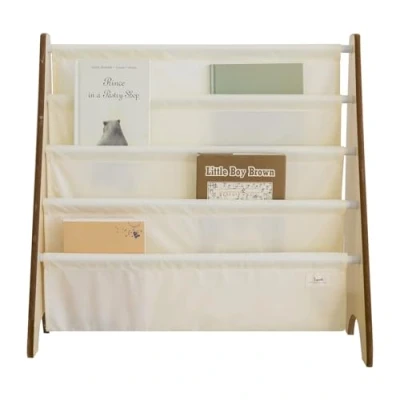 Image of 3 Sprouts Recycled Fabric Kids Bookshelf 4 Tier Sling Book Rack Storage Room Shelves, Nursery, Playroom, Classroom Bookcase Display Shelf for Toddler, Children Age 3+ Solid Cream