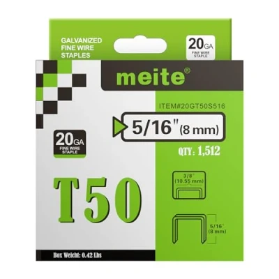 Image of meite T50 Staples, Type 140/8 mm Heavy Duty Staples for Staple Gun, 20 Gauge 3/8 Inch Crown Galvanised Upholstery Gun (1,512 Counts)