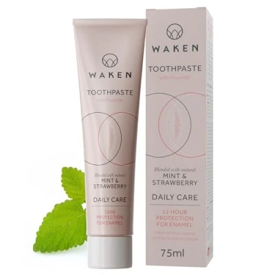 Image of Waken, Strawberry Fluoride Toothpaste, Helps protect against cavities and reduce plaque, No Artificial Colours, Sustainable Packaging, Recycled Aluminium Tube, Vegan 75ml