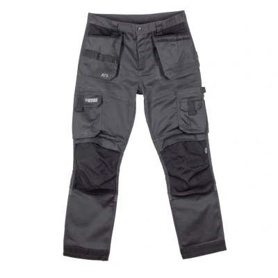 Image of Apache Workwear Men&#039;s Site Trouser ATS 3D Stretch Holster Grey/Black 31L x 34W Cordura Side Cargo Pocket Low Rise Comfort Waist Reinforced Hem Knee Pad and Phone
