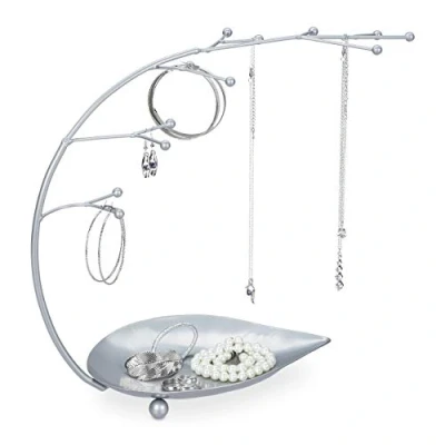 Image of Relaxdays Jewellery Stand, Shelf, Necklaces, Earrings, Bracelets, 12 Branches, H x W D: 29 34 15 cm, Metal, Silver